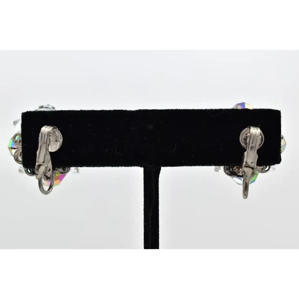 Vintage Clip On Crystal Earrings Watermelon Aurora Borealis Chrome 1950s BinBK